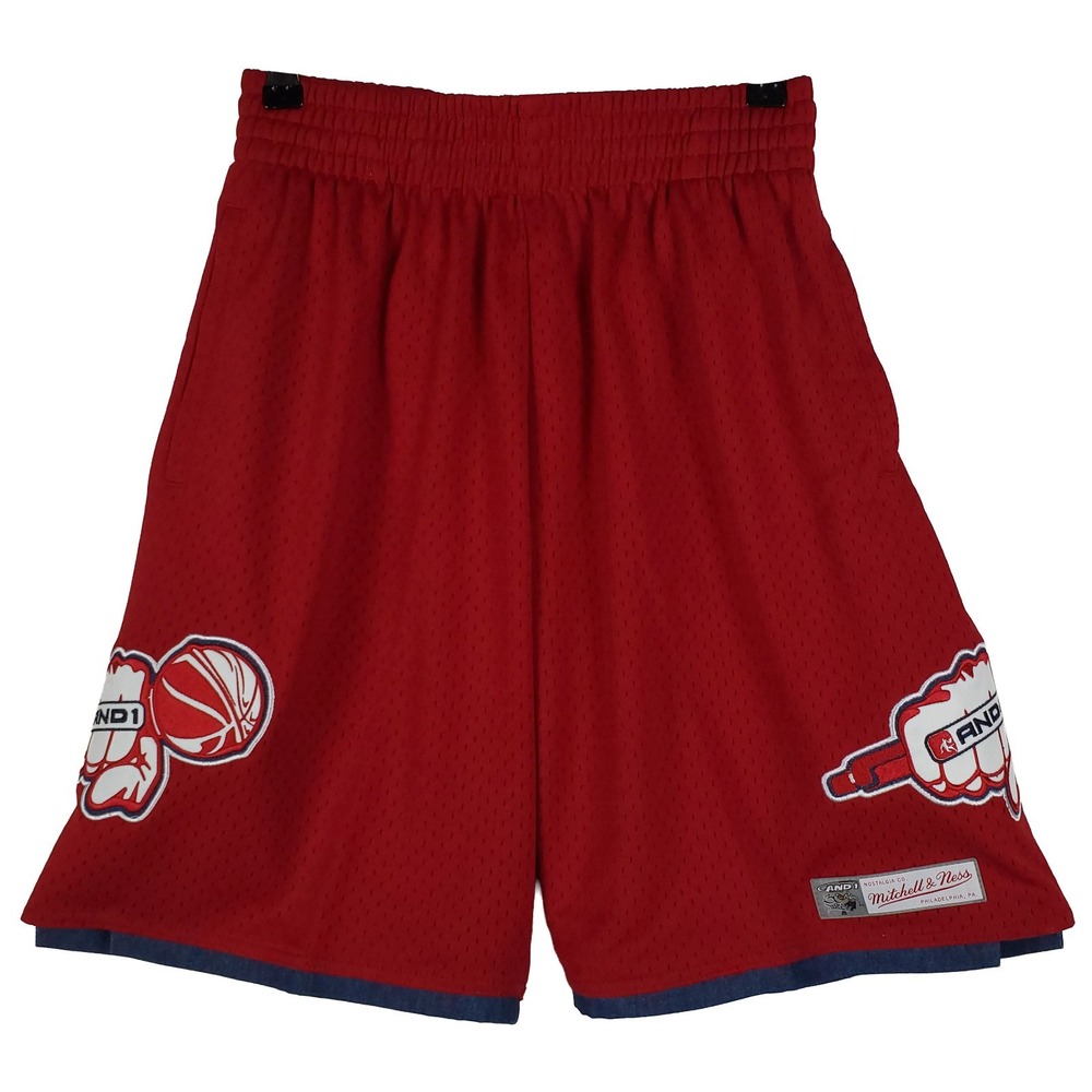 AND1 Mixtape Mitchell & Ness Small Jersey Shorts Fist Mic Art Red Navy Denim NWT